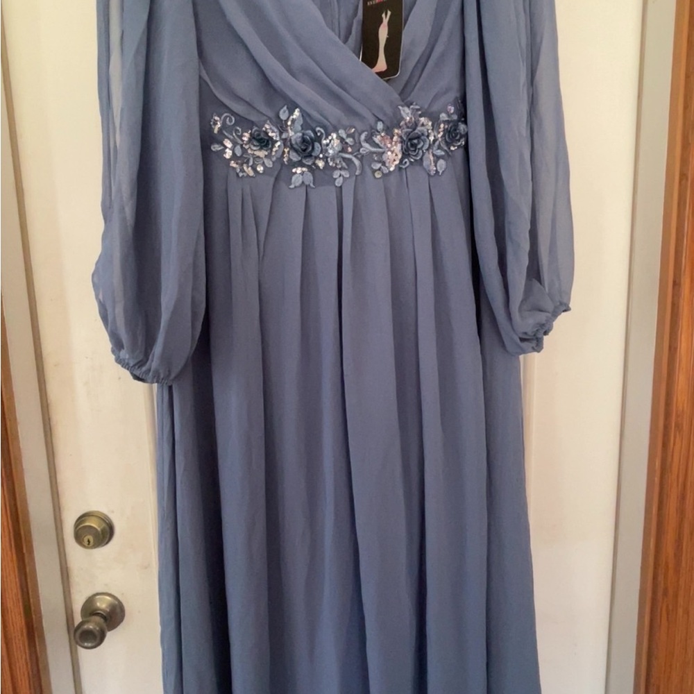 Ever Pretty Long Sleeve Dress in Dusty Blue with Floral Details